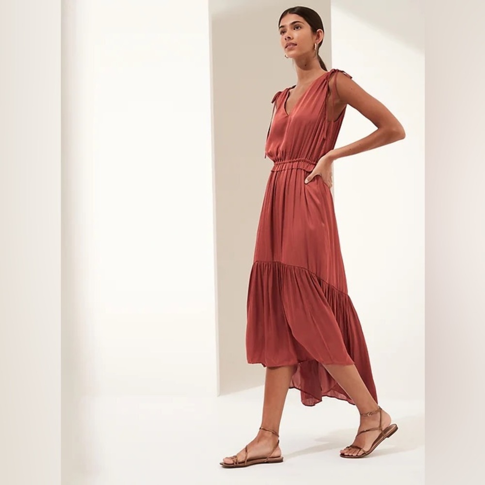 Banana Republic satin ruched maxi dress in copper clay color